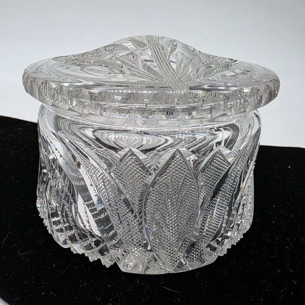 Vintage Clear Cut Glass Candy Jar With Lid Tulip 3" High 4.25" Diameter
